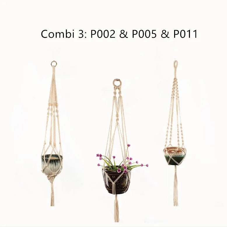 Woven cotton rope plant holder in a desktop style with greenery inside.