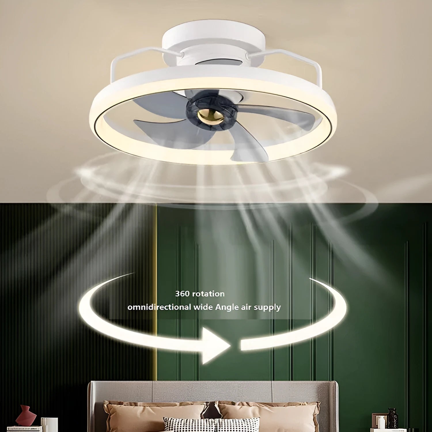 Modern simple style overhead fan lamp with light, white PC blades and acrylic shade.