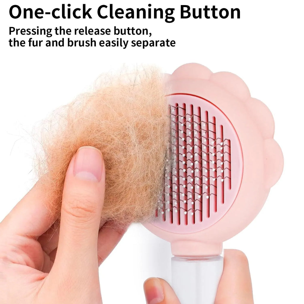 Self-cleaning spray cat grooming brush with stainless steel bristles in grey, green, and pink colour options.