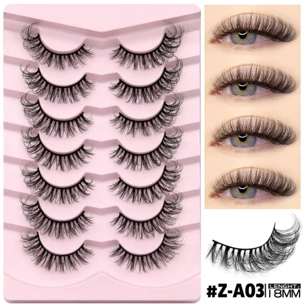 Box of natural false eyelashes showing six different thick, dense styles including Y5 and A01-A05 with glue