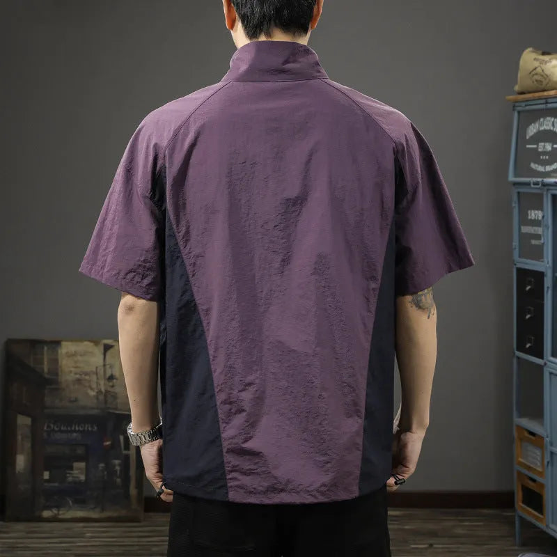 Men's brown and purple half-zip stand collar short sleeve shirt in ice silk fabric with loose fit summer design