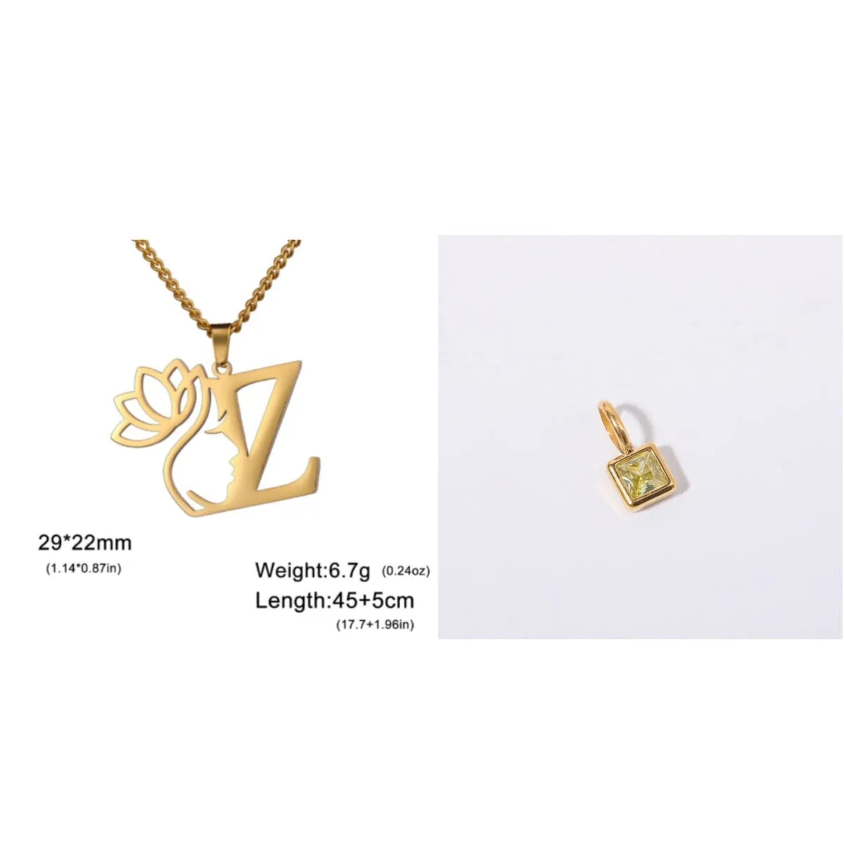 Stainless steel necklace with cross chain and a single letter pendant in gold or silver finish.