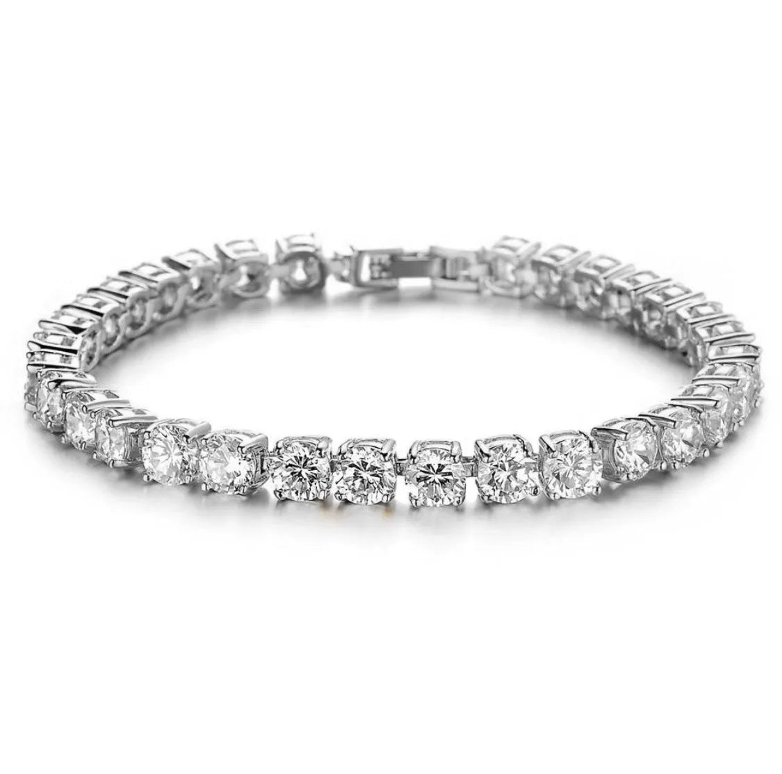 Men's silver geometric hip hop bracelet with rhinestone chain links and dangling zirconia tennis charms on a white background.