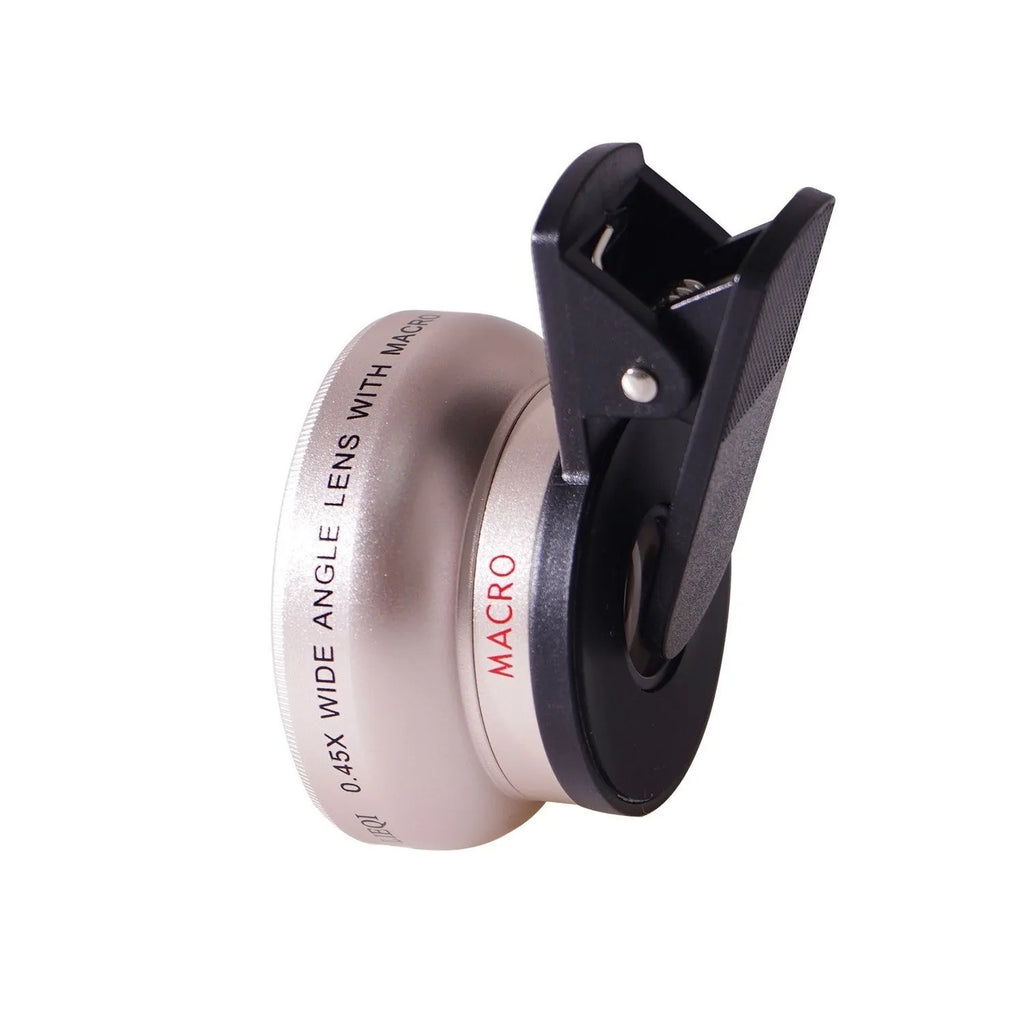 LIEQI 0.45X wide-angle and macro camera lens for mobile phones in silver metal finish