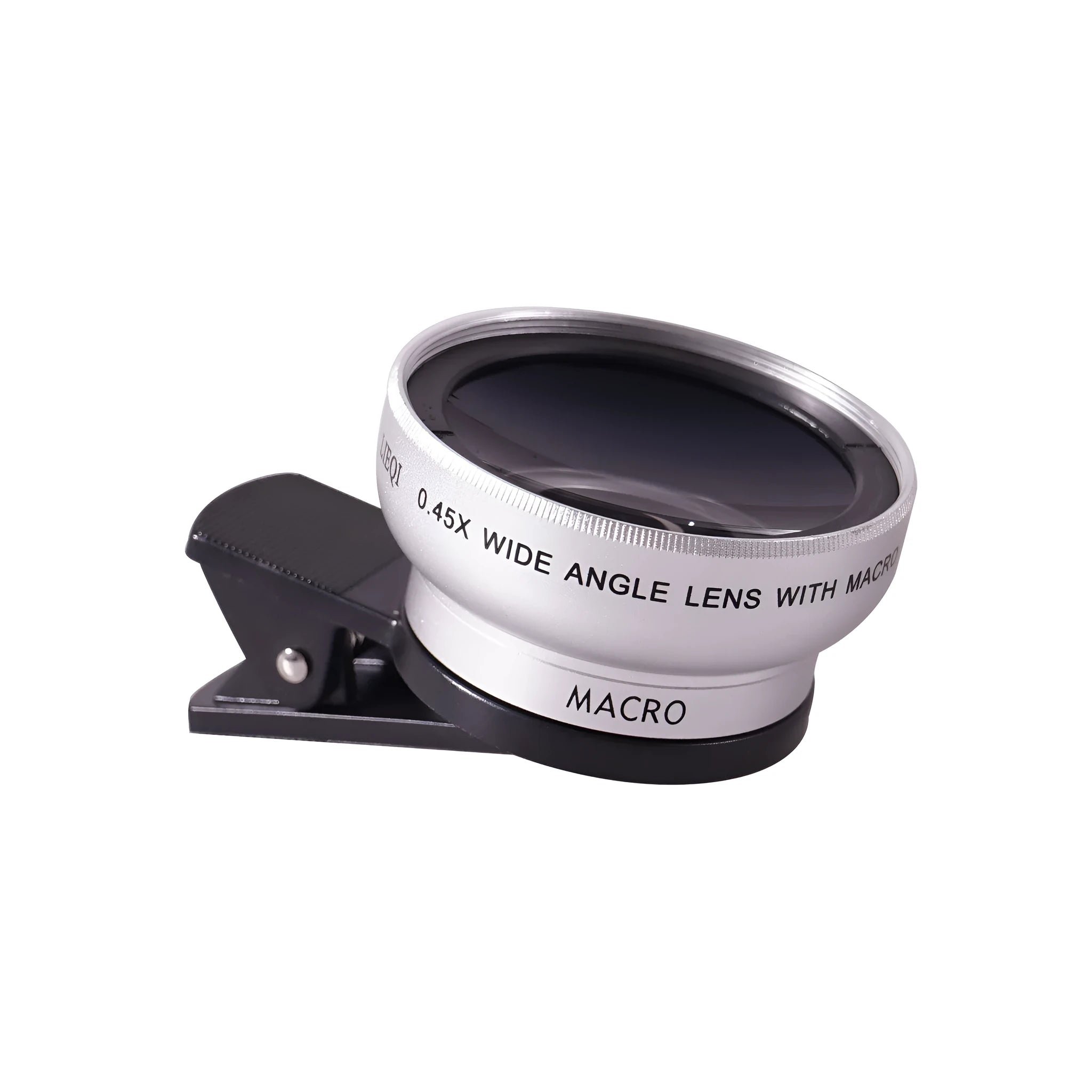 LIEQI 0.45X wide-angle and macro camera lens for mobile phones in silver metal finish