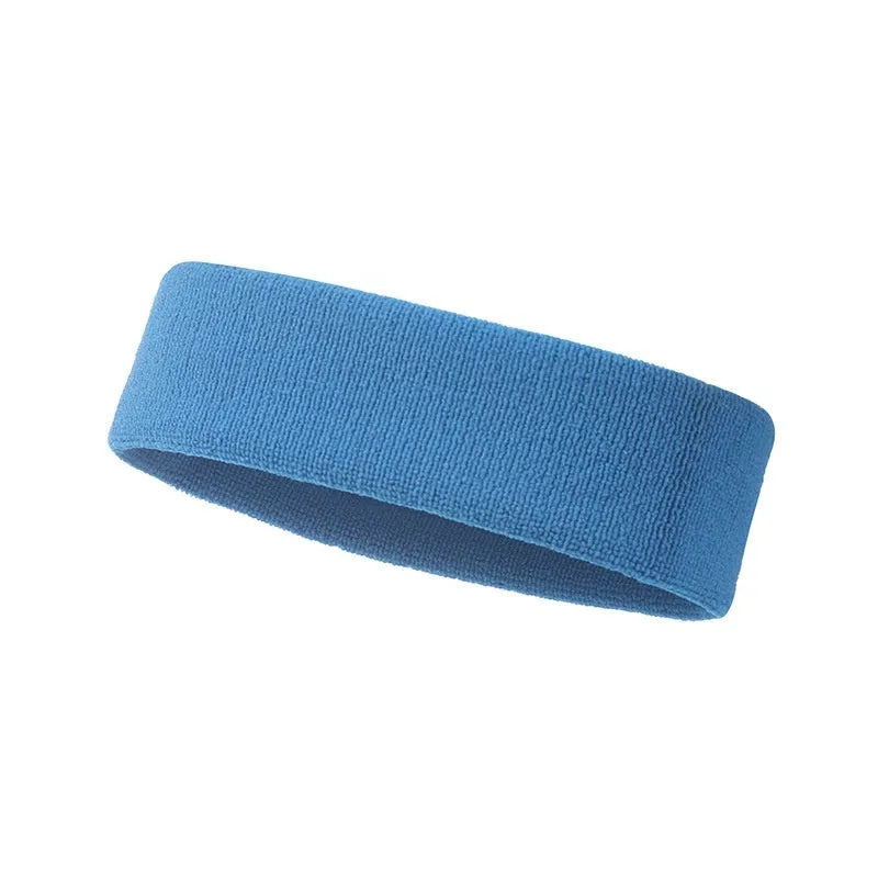 Elastic widening sports sweat band in black, blue, red, rose red, and sky blue solid colours.
