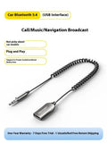 NAI USB car Bluetooth audio receiver with zinc alloy USB plug, copper 3.5mm jack, and PU-covered spring wire.