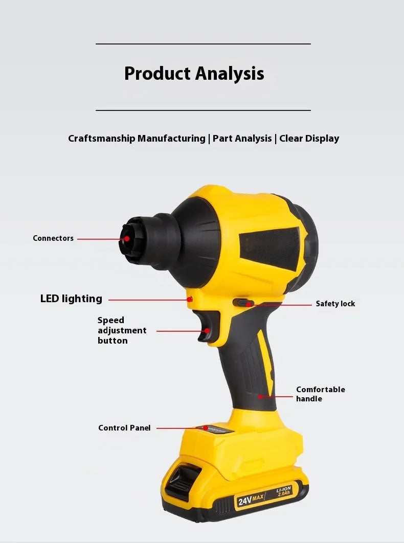 Yellow rechargeable lithium battery dust gun with adjustable power settings on a workbench.