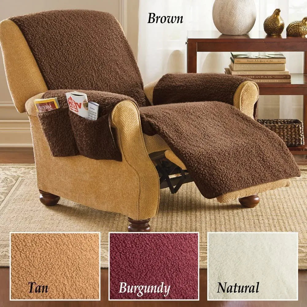 Polyester sofa slipcover with lambswool texture in beige colour covering sofa cushions