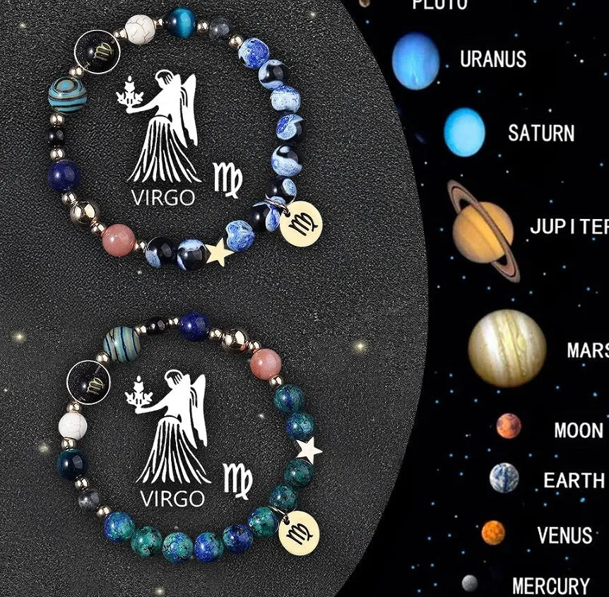 Zodiac sign bracelet with natural stone beads on elastic cord, adjustable astrology jewellery