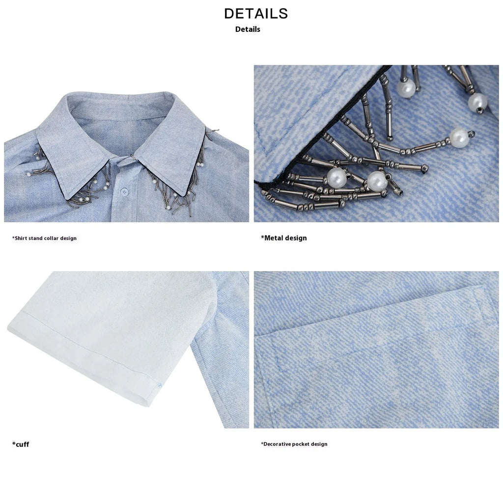 Men's blue and white gradient short sleeve shirt with quilted details and loose fit