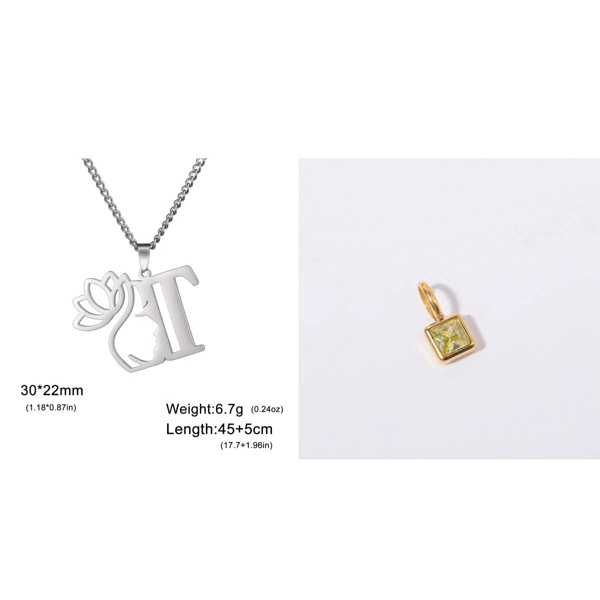 Stainless steel necklace with cross chain and a single letter pendant in gold or silver finish.