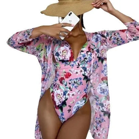 Women's floral tight bikini three-piece suit with coat in polyester fabric