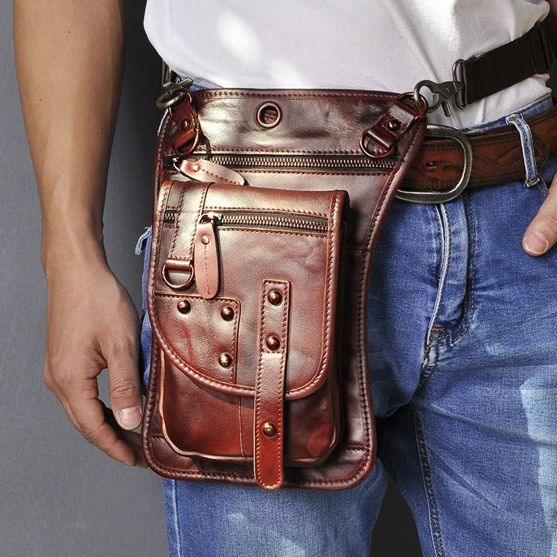Men's genuine leather punk fanny pack with phone and ID pockets in multiple colour options