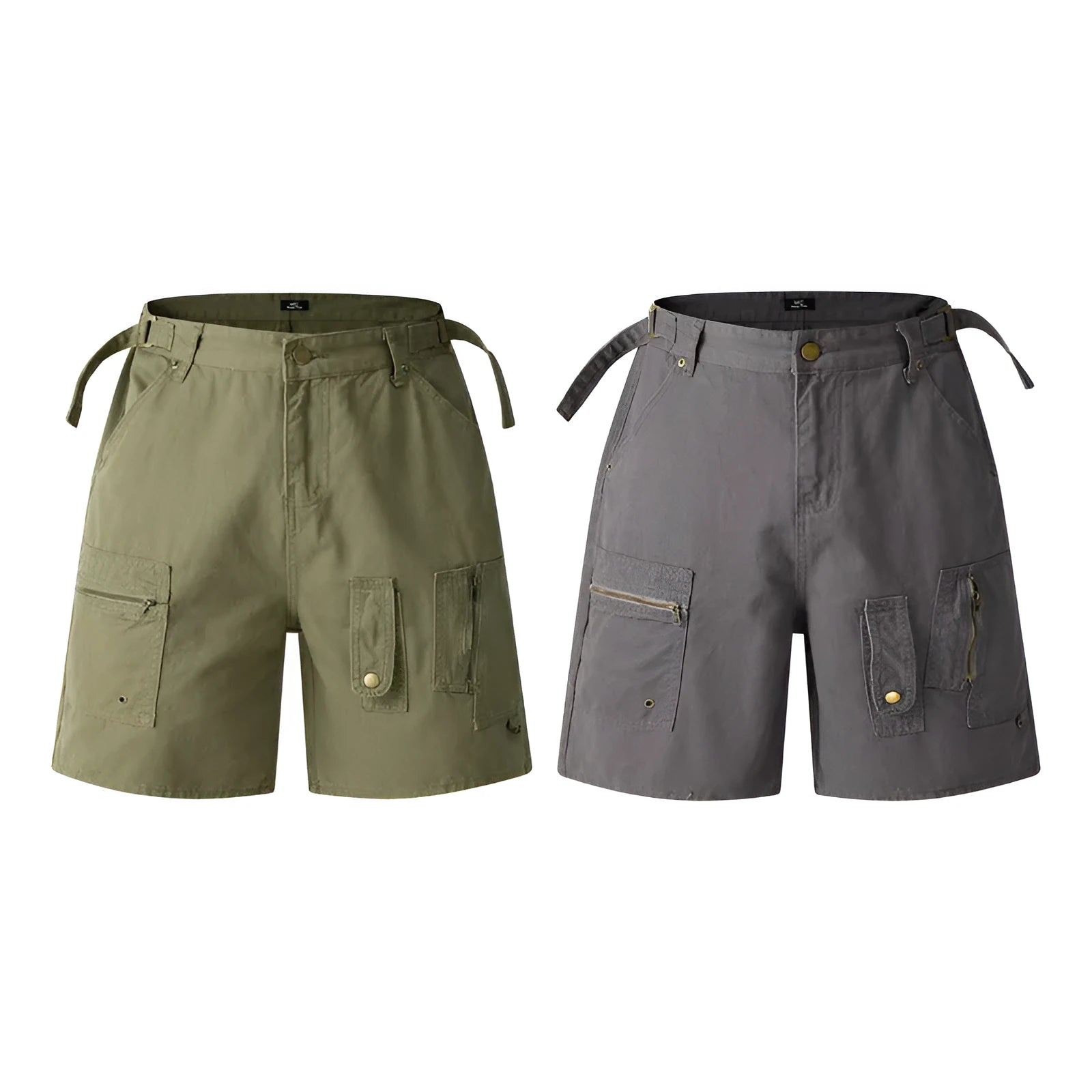Retro washed cotton workwear shorts with half elastic waistband in loose fit