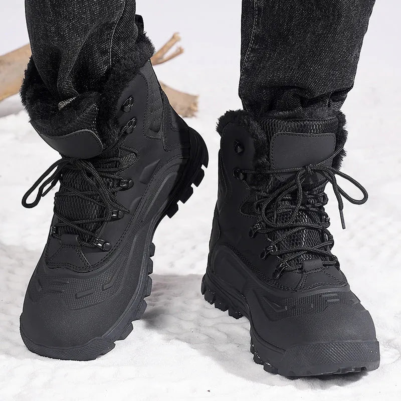 Men's black plus size high-top boots with fleece lining, flat heel, and lace-up front.