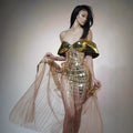 Gold strapless sequin long dress with tulle skirt and side slit for women