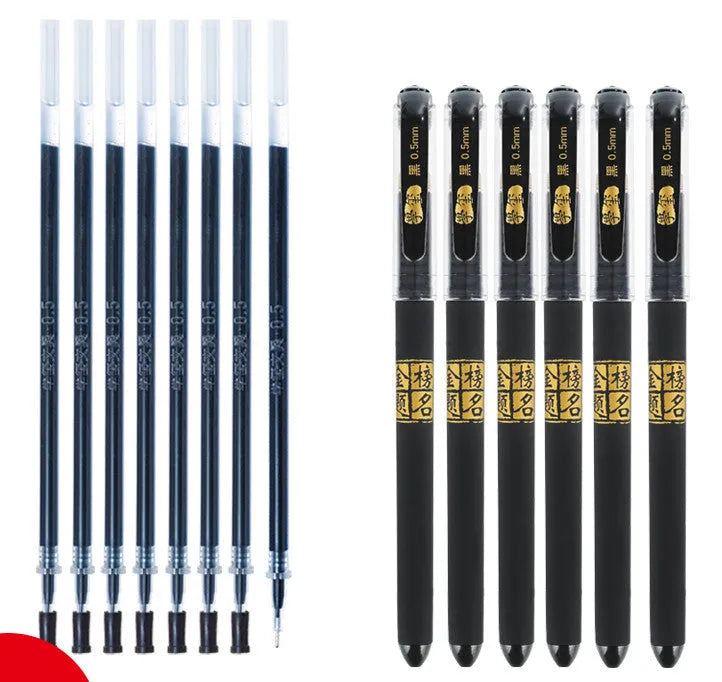 Set of 8 black gel pens with two tip styles: bullet tip and needle tip options