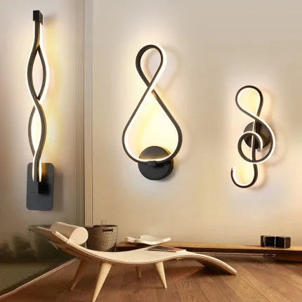 Minimalist Nordic-style LED wall lamp mounted on a wall, shown in a black finish with a soft glow.