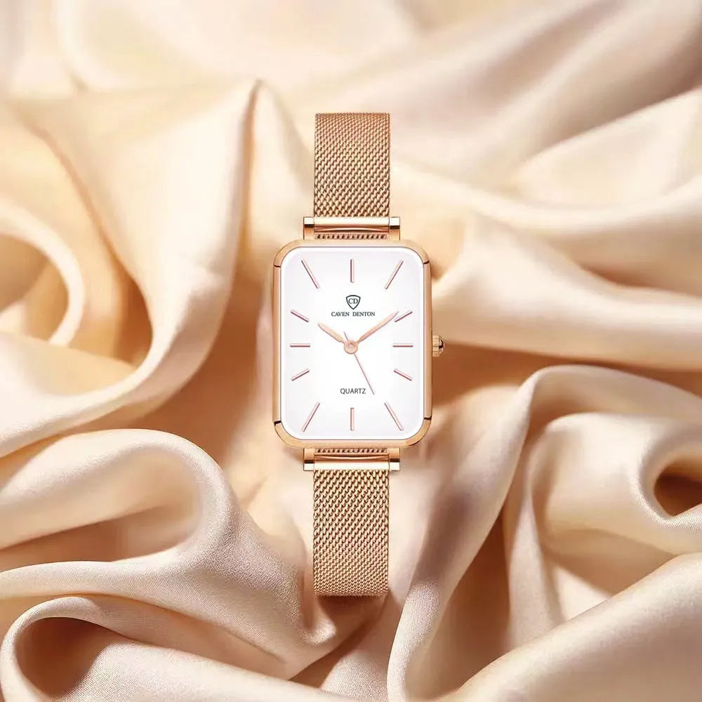 Women's rose gold waterproof quartz watch with woven steel strap and 34mm alloy case