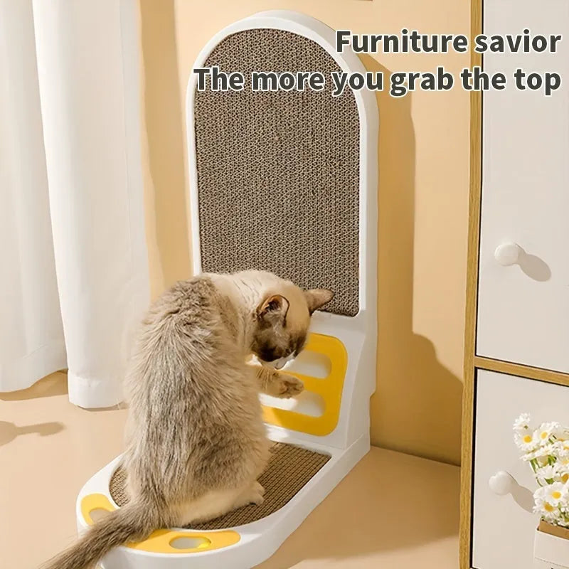 L-Shape vertical cat scratching board with textured jute surface in grey, green, or white colour.