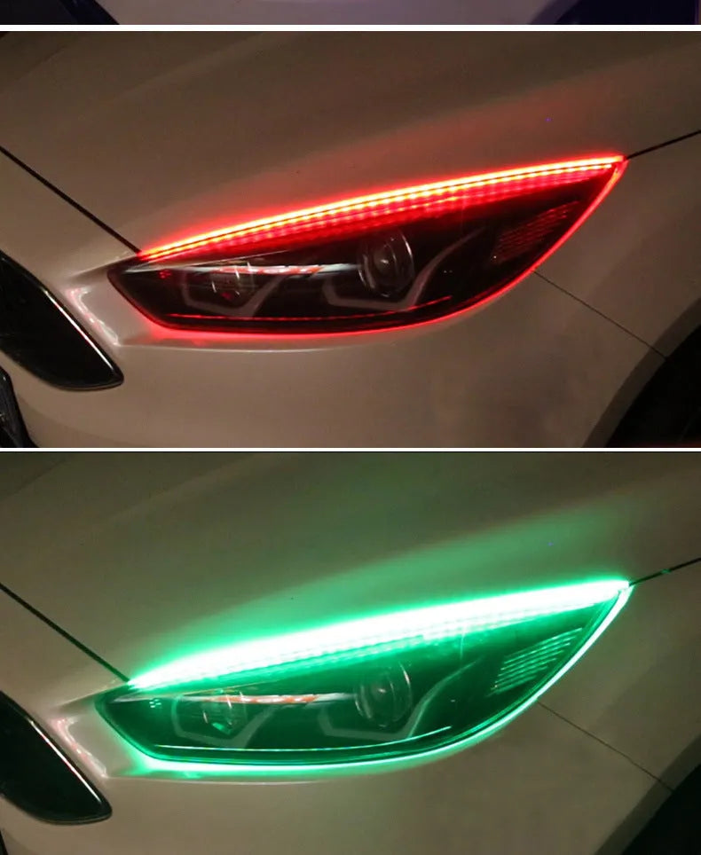 Universal LED daytime running light with remote control for General Motors cars, shown in RGB colours.
