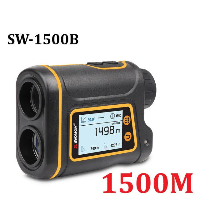 Handheld golf rangefinder device showing compact design with measurement display