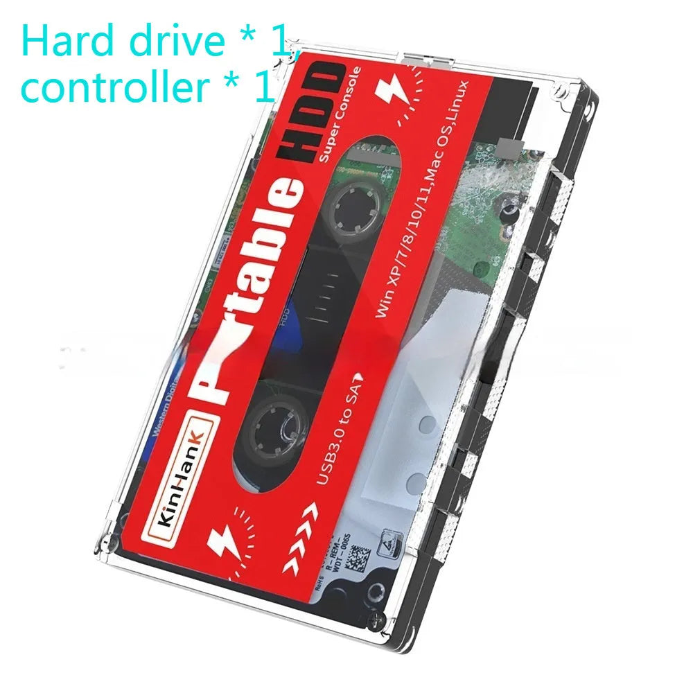 2TB external mechanical hard drive with USB cable and protective box on a table