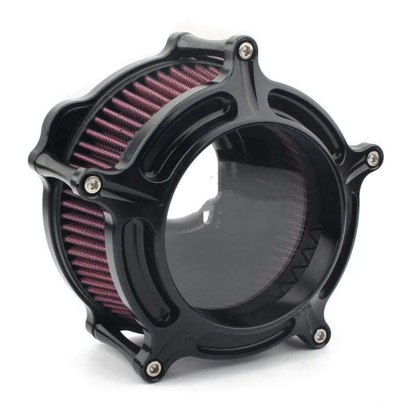Aluminium air filter retrofitting accessories in multiple colour options including black, red, blue, and electroplated finishes