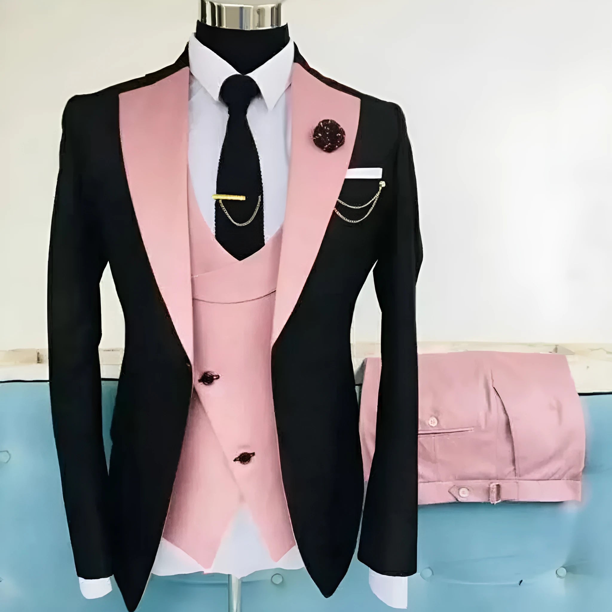 Men's black slim fit three-piece cotton suit with vest for weddings.
