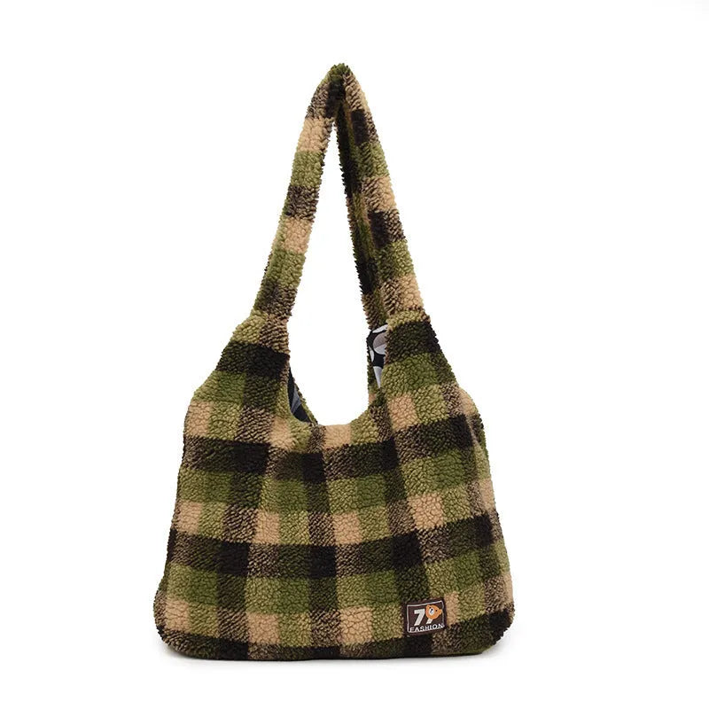 Women's plaid shoulder crossbody tote bag in plush material with large capacity