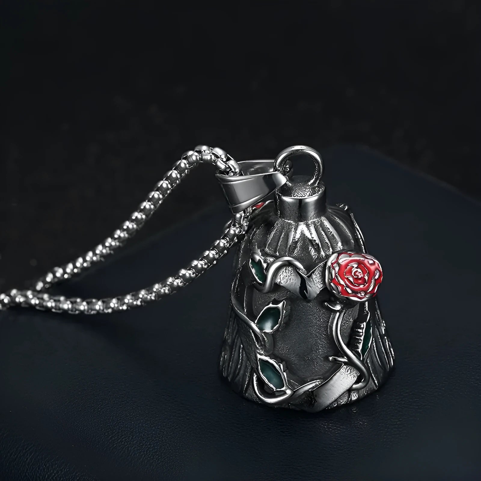 Titanium steel vintage polished motorcycle lucky bell with double-sided epoxy rose and geometric design