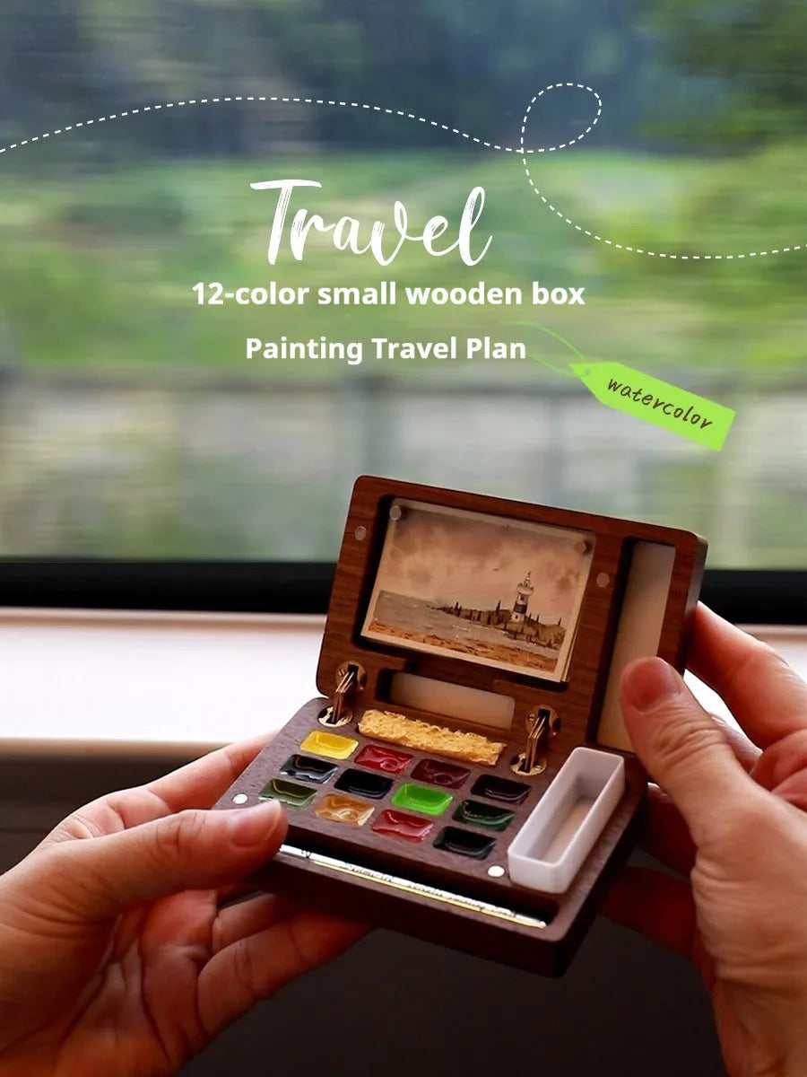 Mini walnut wood watercolour paint box with internal compartments for pigment pans