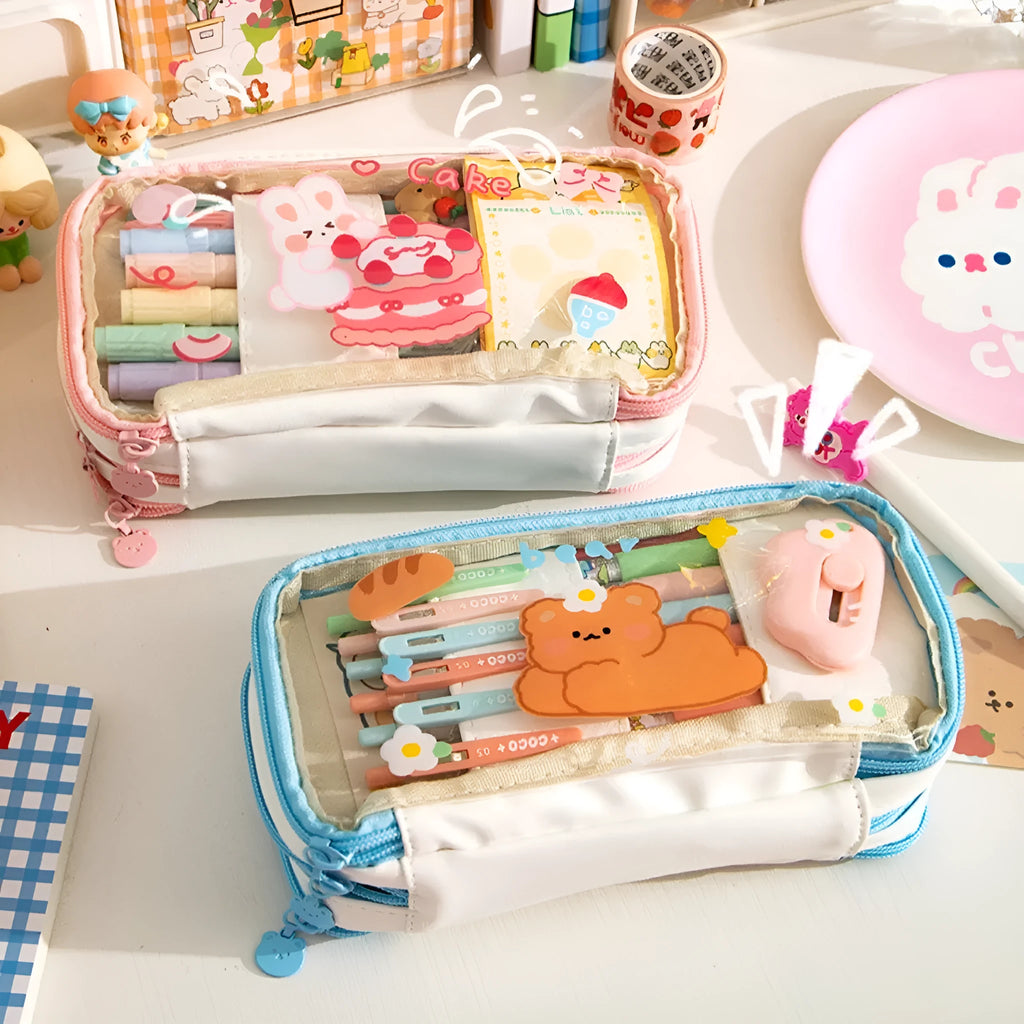 Transparent TPU pencil case with decorative rabbit designs in pink and red colour options