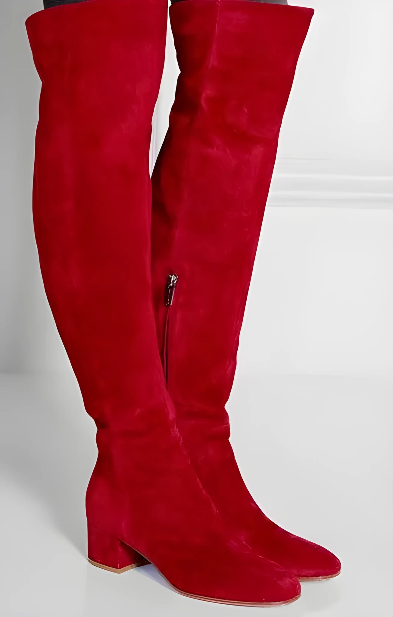 Grey suede women's over-the-knee flat boots with pointed toe and low thick heel