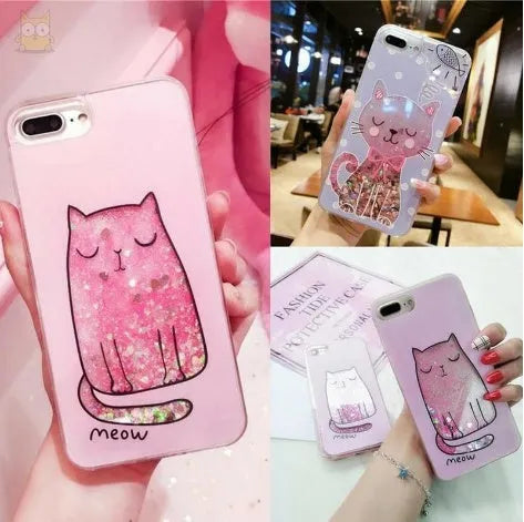 Four cat-themed glitter phone cases for iPhone models with bright colours