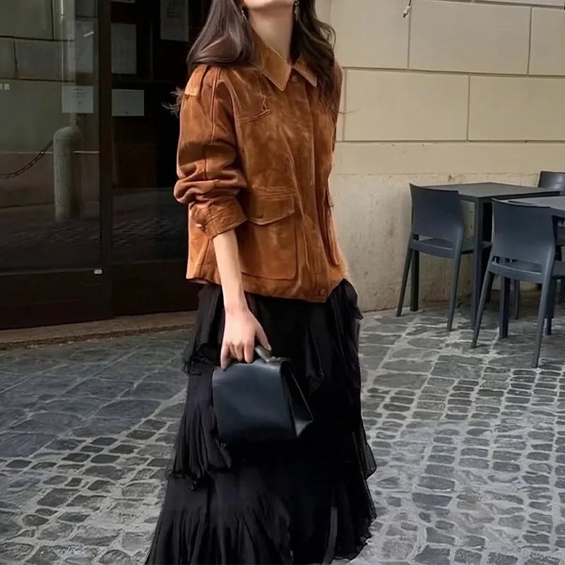 Women's brown suede coat with regular sleeves in street-chic style, showing polyester construction