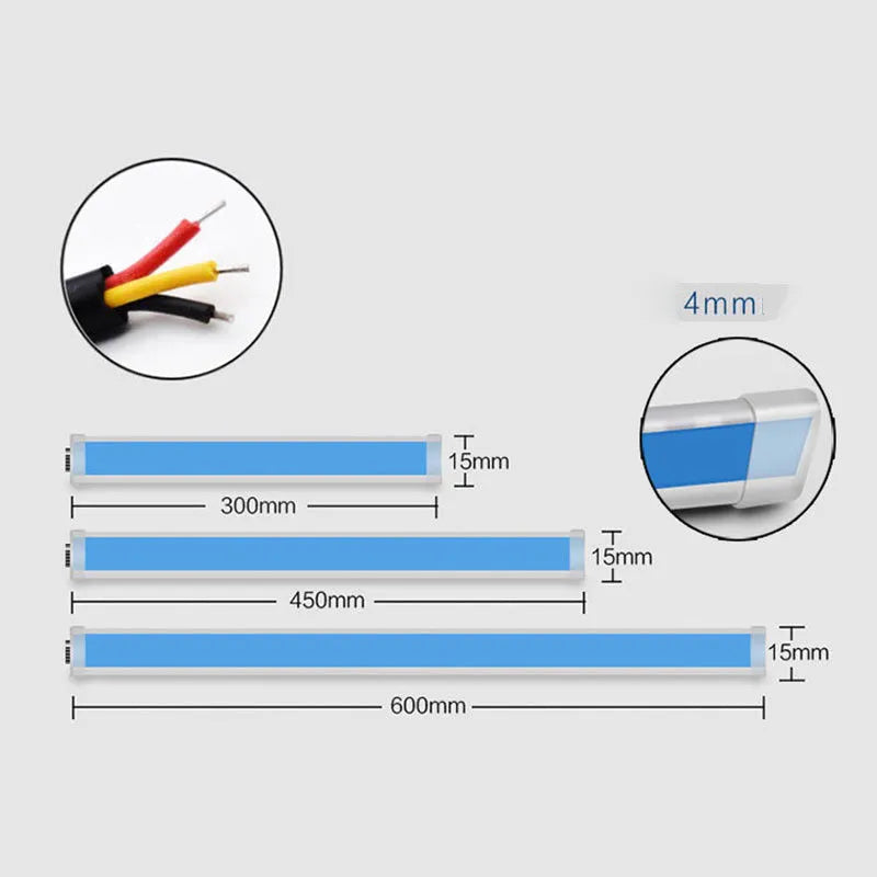 Universal car LED daytime running light strip with flowing turn signal on a vehicle headlight.
