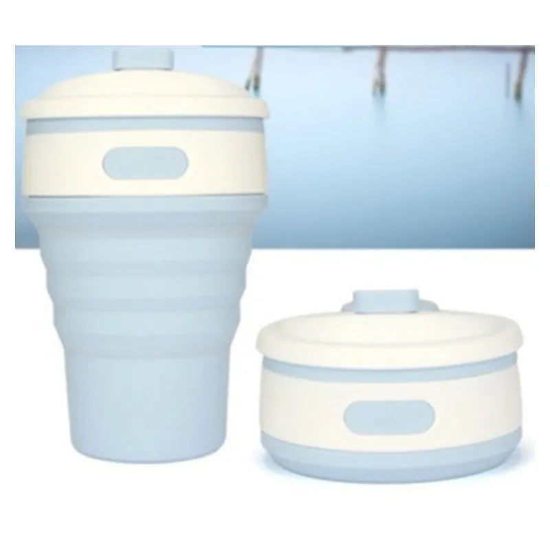 Green collapsible silicone travel cup showing folded and expanded states with leak-proof cover