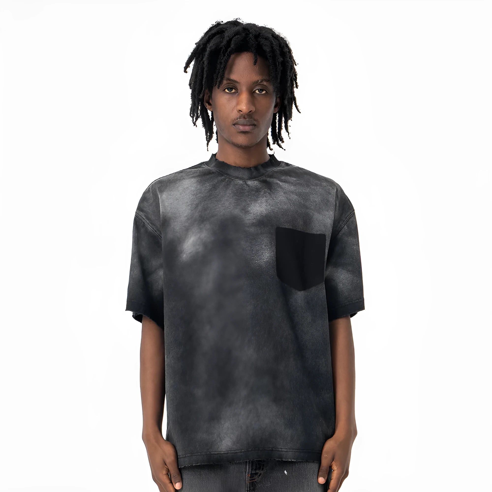 Black men's loose-fit cotton t-shirt with a letter print and drop-shoulder sleeves.