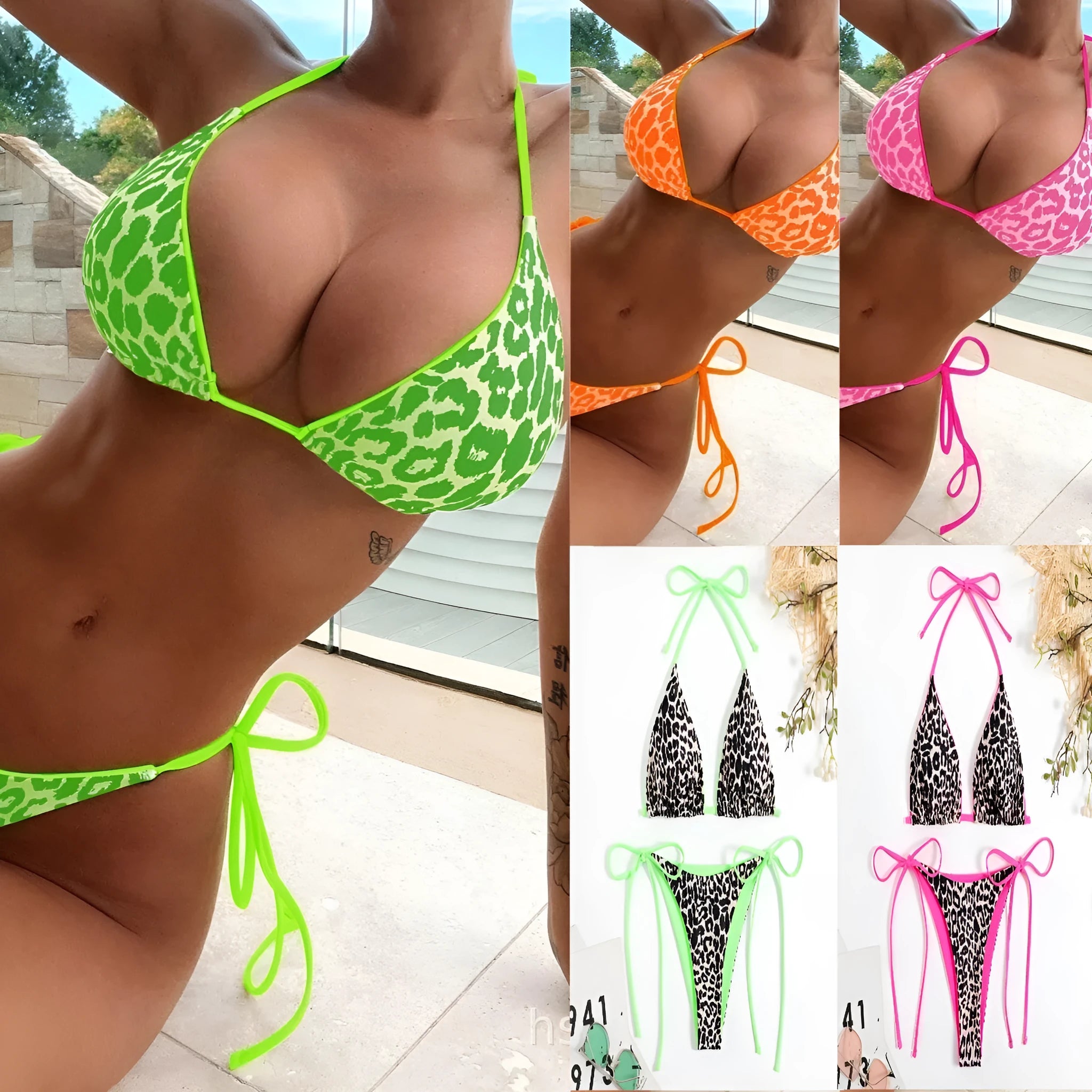 Women's lace-up triangle split bikini swimwear set with adjustable front in polyester fabric