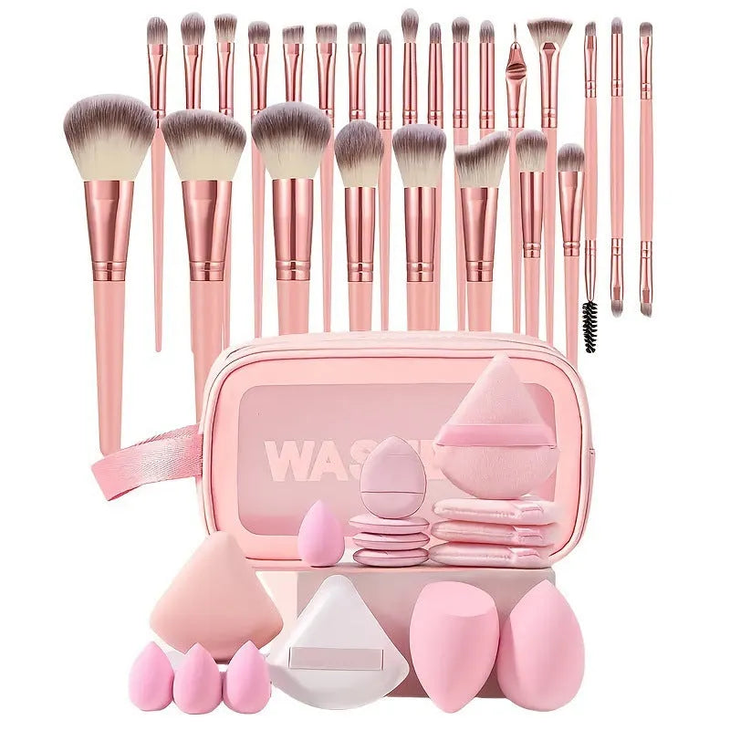 Hydrophilic non-latex beauty tools set with pink, brown and purple applicators for face and makeup