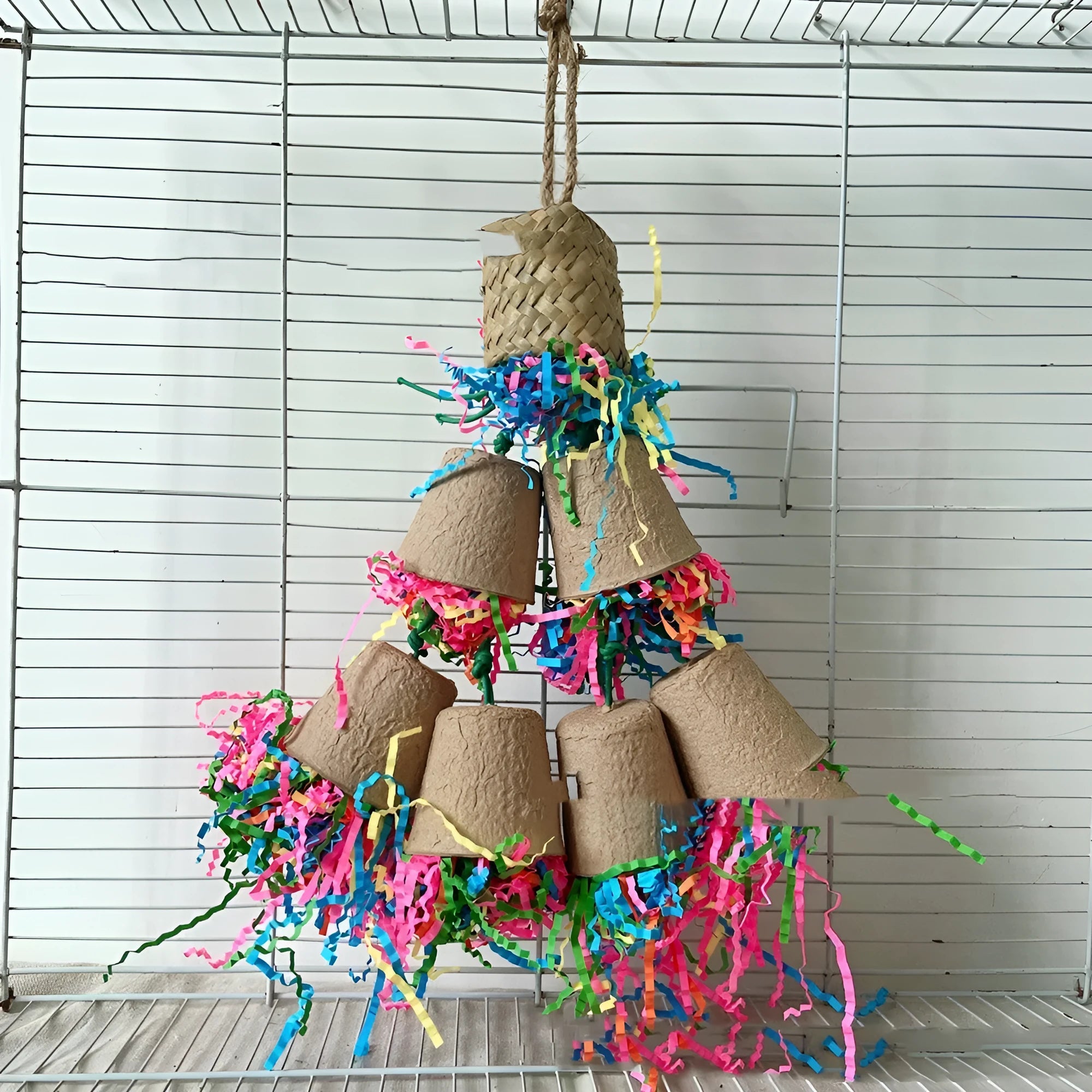 Parrot paper cup palm weaving gnawing toy hanging at 38cm length with wood-coloured weaving texture