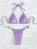 Women's blue leopard print T-shaped polyester bikini set for swimming