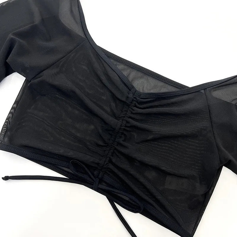 Black mesh polyester four-piece bikini swimsuit with long sleeves and briefs for women's swimming sports