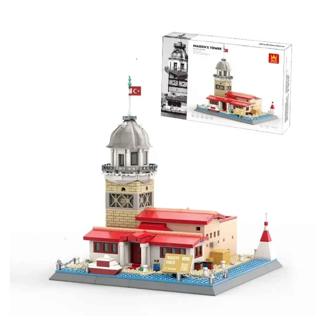 Wange plastic building block set with over 800 pieces for constructing landmark models including Big Ben and the Statue of Liberty.