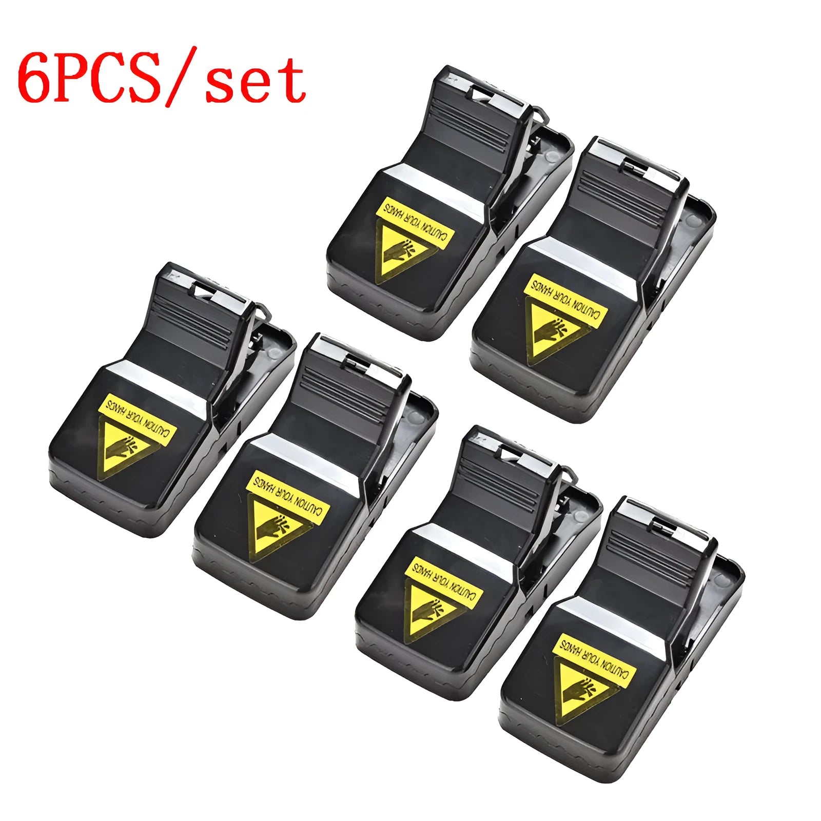 Six black plastic snap-action mousetraps showing their size and smooth surface.
