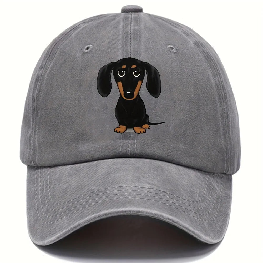 Retro washed cotton baseball cap with embroidered dachshund design on front panel