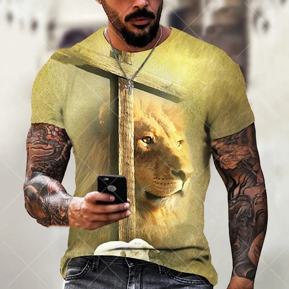 Men's grey T-shirt featuring a 3D printed Jesus design, short sleeves, made from breathable polyester.