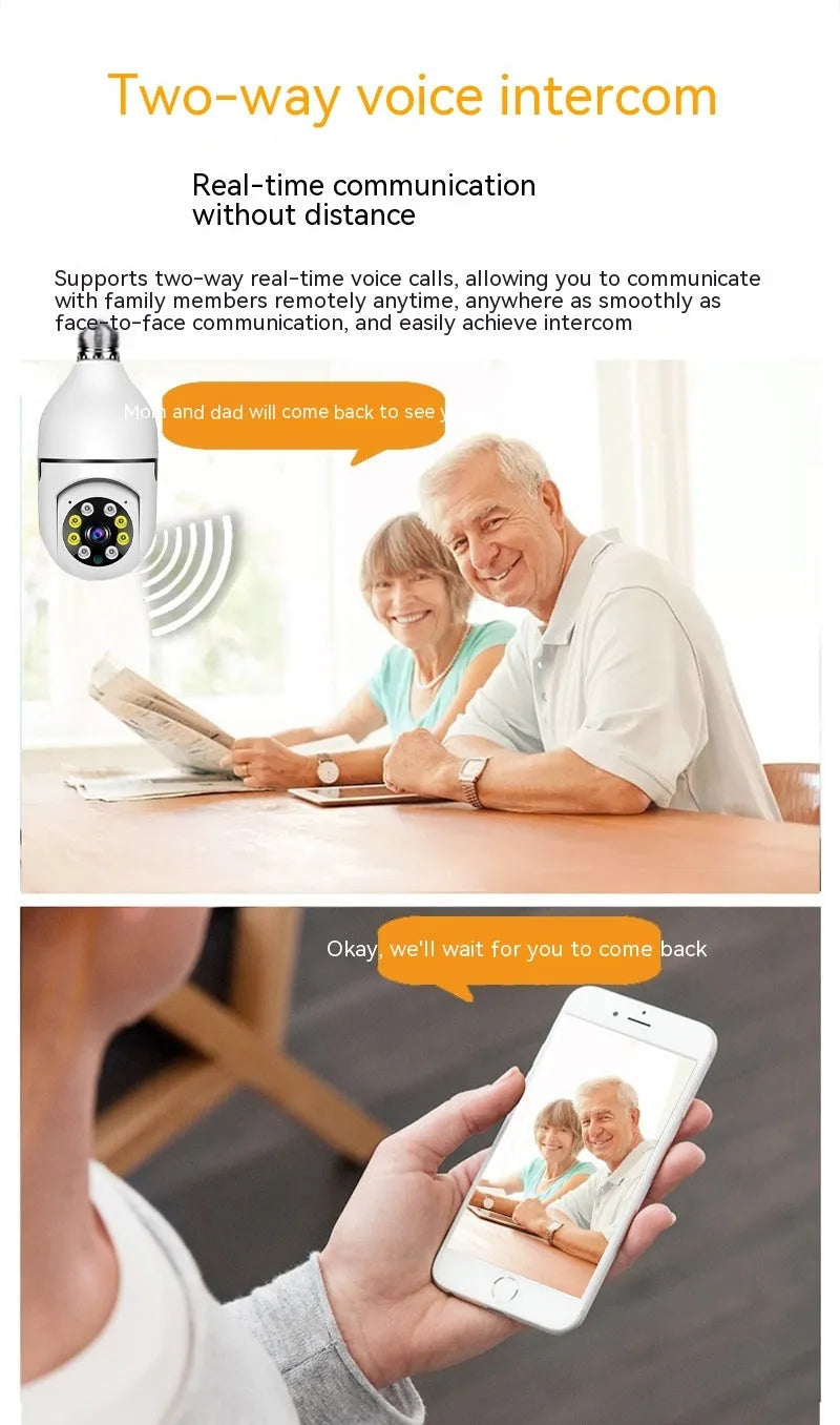 Wireless bulb security camera with 5cm diameter lamp head showing e27 fitting for standard light sockets